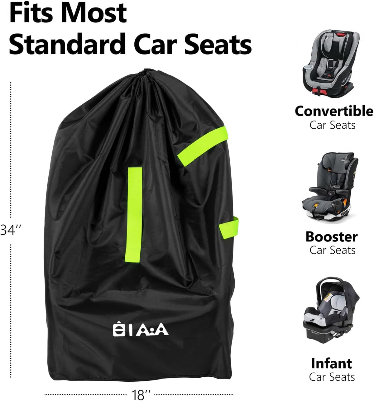 elaia Large Waterproof Car Seat Travel Bag for Airplane with Green Straps