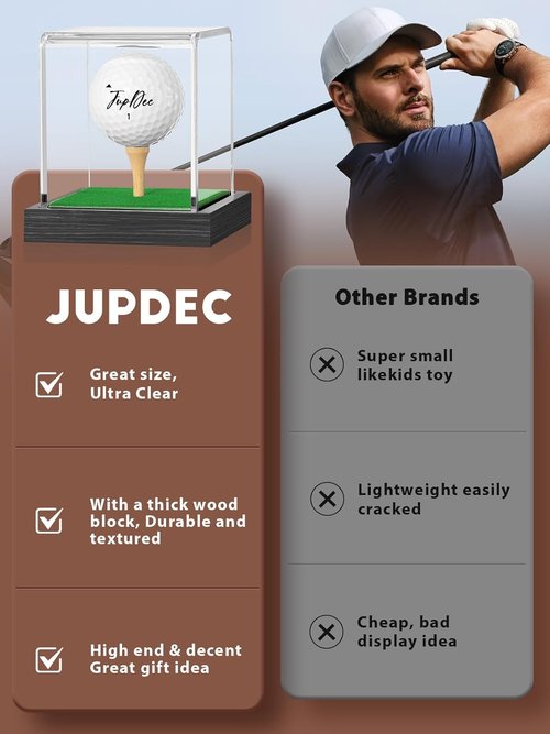 JupDec Golf Ball Display Case - Clear Acrylic Holder with Wood Base & Dust Protection | Black, 1 Pack
