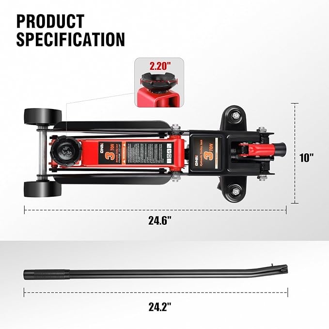 DNA Motoring 3 Ton Low Profile Floor Jack, 3 tons (6000 lbs) Capacity Fast Lift Hydraulic Trolley Service/Floor Jack, 7.7-21" Lifting Range, Red, TOOLS-00674-RD