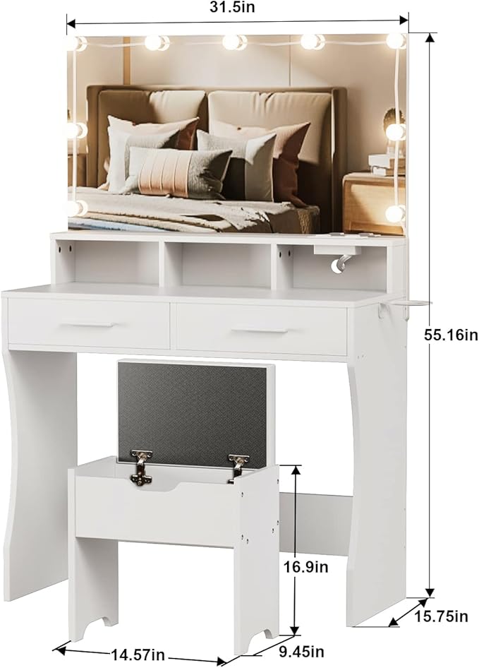 Makeup Vanity with Lighted Mirror & Power Outlet, Makeup Table Vanity Set with 3 Lighting Colors, Brightness Adjustable, White
