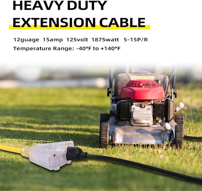10 Ft Lighted Outdoor Extension Cord with 3 Electrical Power Outlets - 12/3 SJTW Heavy Duty Yellow Extension Cable with 3 Prong Grounded Plug for Safety, UL Listed