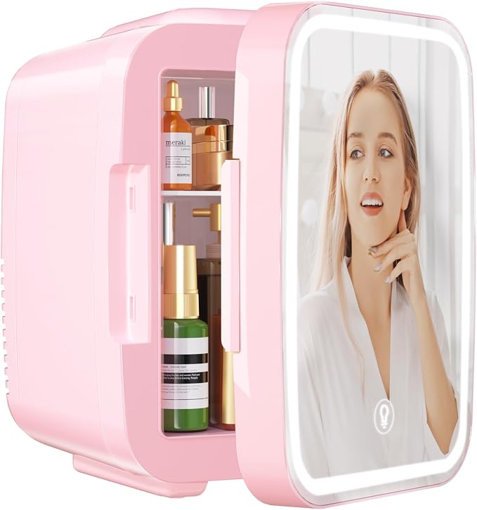 OSTBA Skincare Fridge Mini Fridge for Bedroom with Dimmable LED Mirror, 4Liter/6 Cans Cooler and Warmer for Makeup, Cosmetic, Beauty, Portable Refrigerator for Bedroom, Vanity, Office and Car