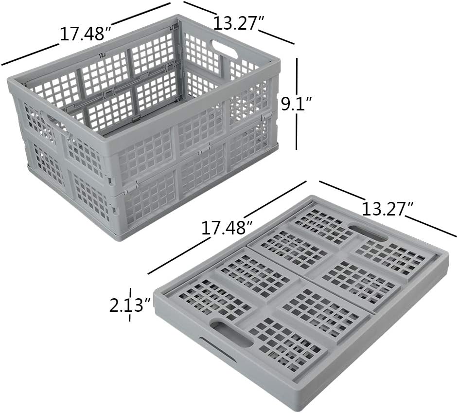 Hespama 2 Pack 35 Quart Plastic Folding Collapsible Milk Crate Basket, Grey