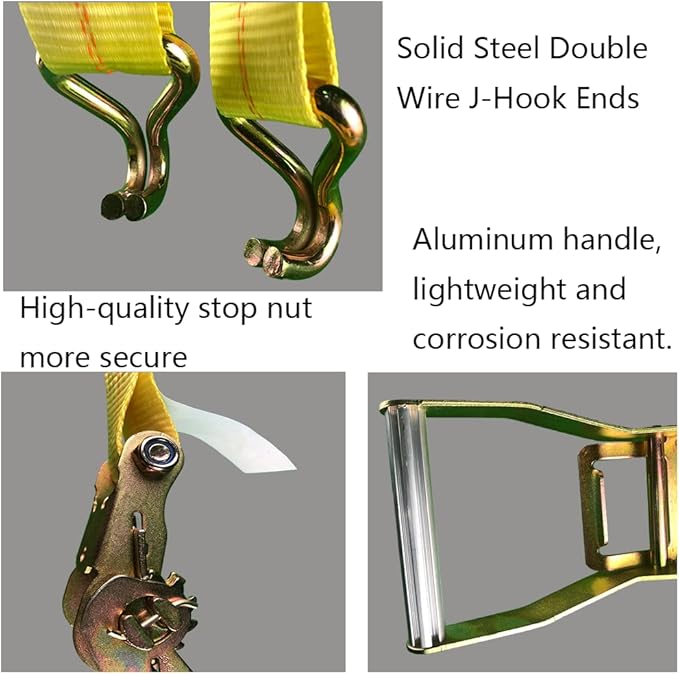 Ratchet Straps - 2" x 17' Heavy Duty Cargo Straps, Load up to 10000Lbs, Double J Hooks for Trucks, Moving Appliances, Lawn Equipment, Motorcycles - Yellow