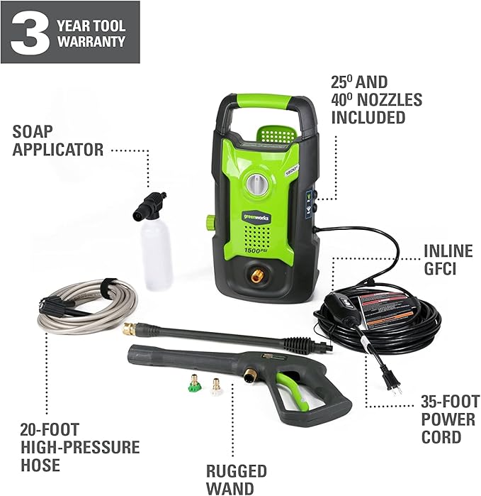 Greenworks GPW1501 1500 PSI 1.2 GPM Pressure Washer (Upright Hand-Carry) with Turbo Nozzle