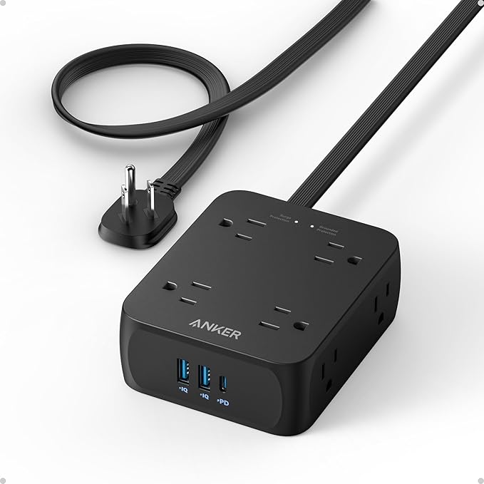 Anker Power Strip with 2000J Surge Protector, Flat Plug Extension Cord with Multiple Outlets, 8 AC, 2 USB A & 1 USB C Port for 20W, 10ft Outlet Extender, Dorm Room Essentials, Home Office, TUV Listed