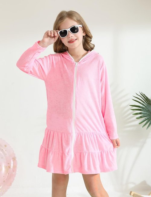 LUCKYGAL Girls Swim Cover-Up - Long Sleeve Terry Swimsuit for Beach & Pool Fun | Stylish with Sunglasses
