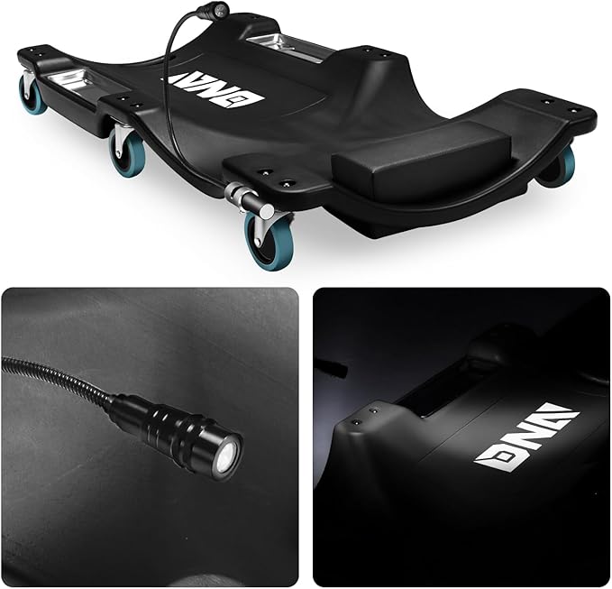 DNA Motoring 40 Inch Low Profile Plastic Rolling Garage Shop Floor Creeper with LED Light, Padded Headrest, Dual Tool Trays, Casters, Black, TOOLS-00389-BK