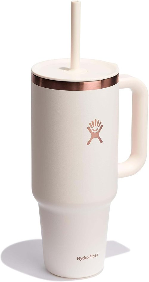 Hydro Flask Travel Tumbler - Insulated Stainless Steel with Handle & Straw | 40 Oz Ivory Rose Gold