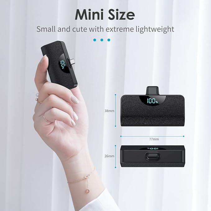Mini Portable Charger 5000mAh Power Bank, 15w PD USB C Cell Phone Portable Power, LCD Display Battery Pack Compatible with Android Phone/Samsung Galaxy S22,S21/Note/Moto/LG/Pixel /Nexus/OnePlus 9 etc