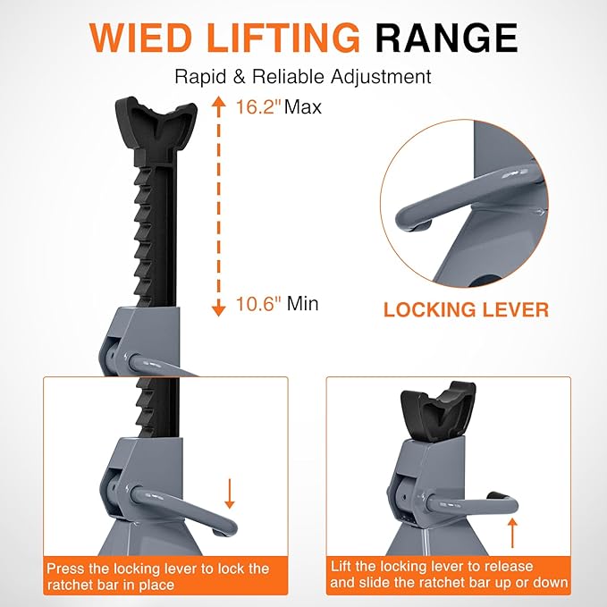Nilight Jack Stands, 2 Ton (4,400 lbs) Capacity Heavy Duty Steel Car Lifting Stand, Adjustable Height 10.6" to 16.2", 1 Pair