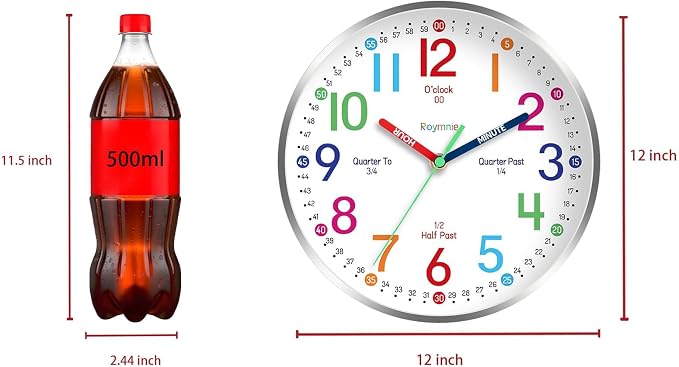 Roymnie Wall Clock for Kids Learning to Tell Time Easily Non Ticking Battery