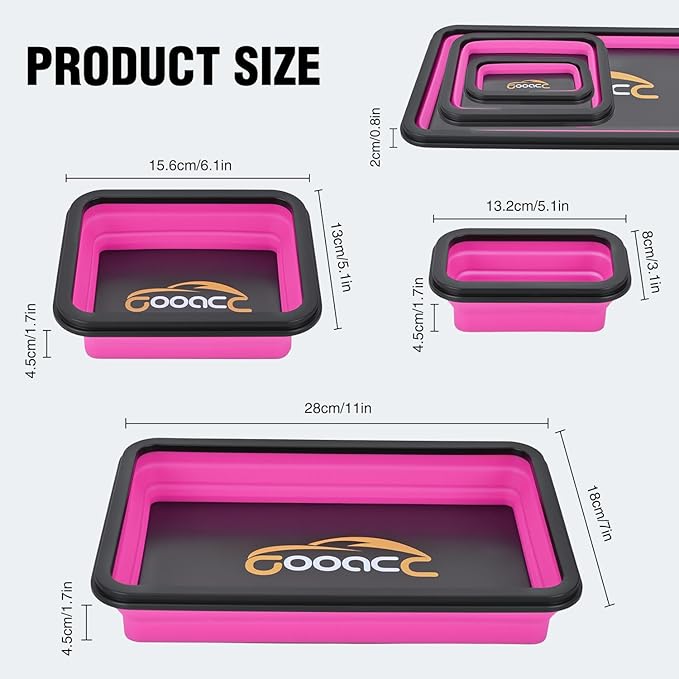 GOOACC 3 Sizes Collapsible Magnetic Parts Tray Set Pink Silicone Foldable Tool Trays Organizer for Screws Bolts Nuts Pins Washers and Other Small Metal Parts Double Sided Magnet Base