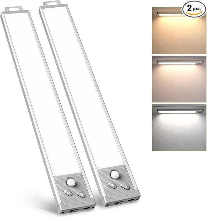 Under Cabinet Lighting, LED Motion Sensor Light Indoor with 3 Color Temps, 2500mAh USB Rechargeable Closet Light, Dimmable Wireless Under Counter Lights for Stairway, Wardrobe, Kitchen(13Inch, 2 Pack)