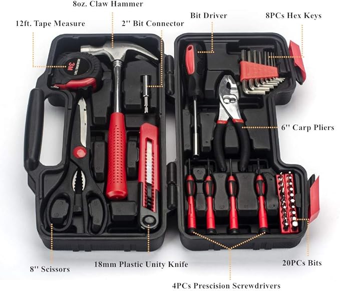 39-Piece General Tool Set-Essential Household Hand Tool Kit with Portable Toolbox Storage Case (Red)