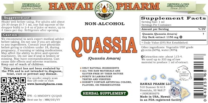 Quassia Alcohol-Free Liquid Extract, Quassia (Quassia Amara) Dried Bark Glycerite Natural Herbal Supplement, Hawaii Pharm, USA 32 fl.oz