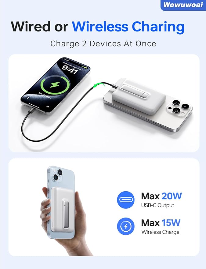 for Magsafe Portable Charger, 10000mAh Wireless Power Bank with Stand, USB C PD 20W Fast Charging Powerbank, Magnetic Battery Pack Compatible for iPhone 17/16/15/14/13/12 Series - White