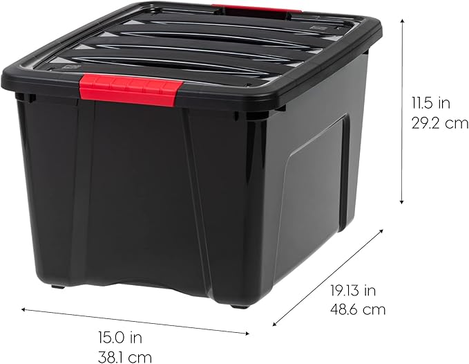 IRIS USA 40 Qt Stackable Plastic Storage Bins with Lids, 6 Pack - BPA-Free, Made in USA - Garage Organizing Solution, Latches, Durable Nestable Containers, Secure Pull Handle - Black