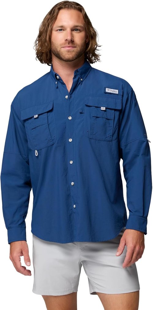 Columbia Men's PFG Bahama II Fishing Shirt - Lightweight, Quick-Dry, Long Sleeve, Blue
