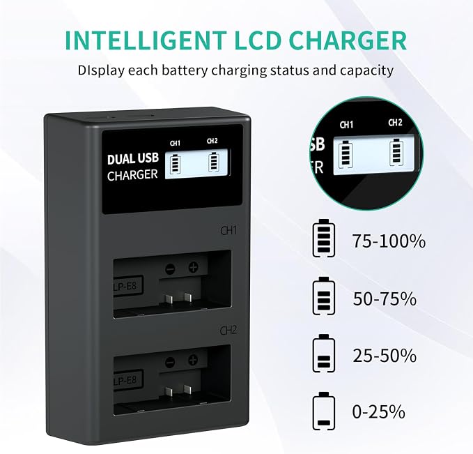 LP LP-E8 Battery Charger, LCD Display & Dual Slot Charger Compatible