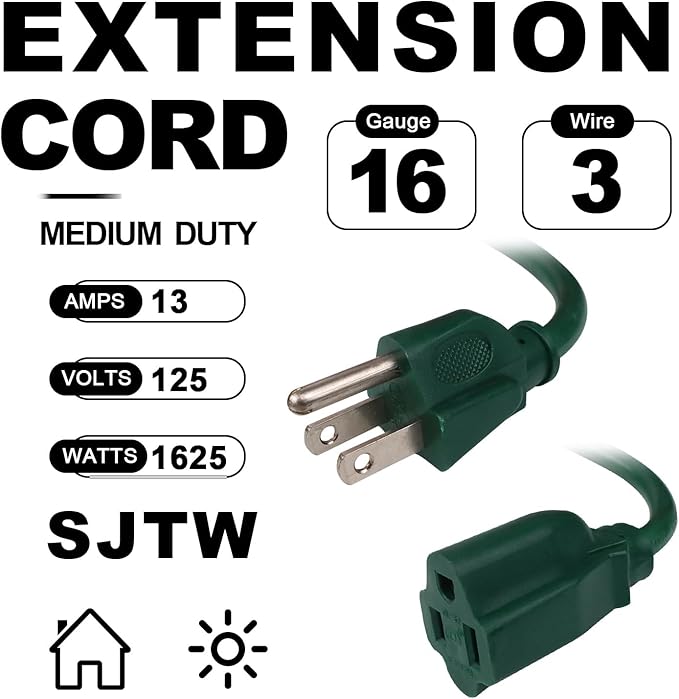 EP 10FT Green Outdoor Extension Cord, 16/3 SJTW Heavy Duty Waterproof, 3 Prong Grounded Plug, 13A 1625W 16AWG, Cold-Resistant Flexible Power Cable for Garden, Home, Christmas Lights