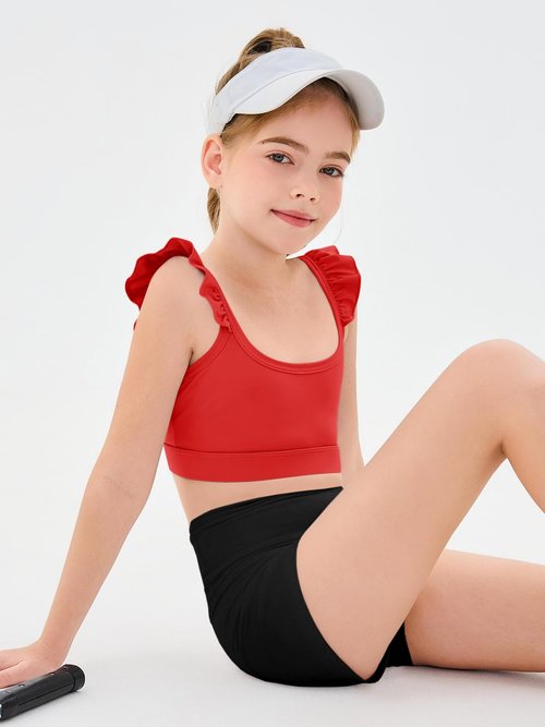 Haloumoning Girls Training Bra Kids Cute Ruffle Sports Bra Workout Yoga Bra Comfort Dance Crop Top Red