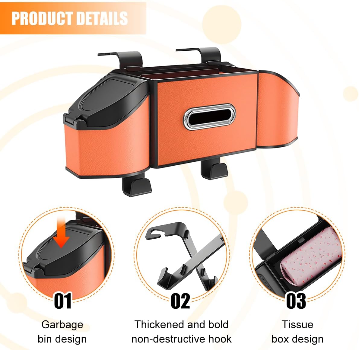 HZEL Car Seat Back Organizer, 7 in 1 Vehicle Backseat Storage Box with Cup Holder Tissue Box Trash Bin & Hooks, Multifunctional Auto Interior Headrest Organizer, Universal for SUV RV Truck (Orange)