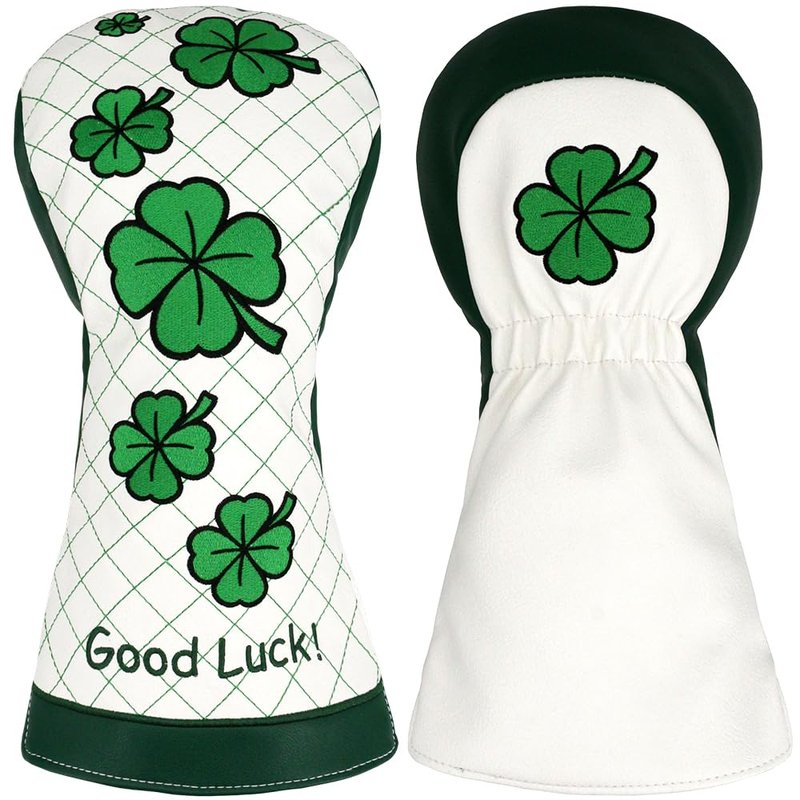 PINMEI Golf Club Head Covers for Driver Headcover Embroidered Four-Leaf Clover Design Synthetic Lether Fit Most Drivers Fit for Titleist Callaway Ping Taylormade Cobra (White Good Luck Driver)