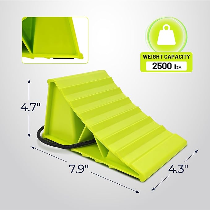 ROBLOCK 4 Pairs Wheel Chocks for Travel Trailers, Non Slip Base Heavy Duty Green Camper Wheel Chockwith Rope, Lightweight Wheel Stoppers for Cars, Camper Trucks, RVs, Easy to Carry, Green