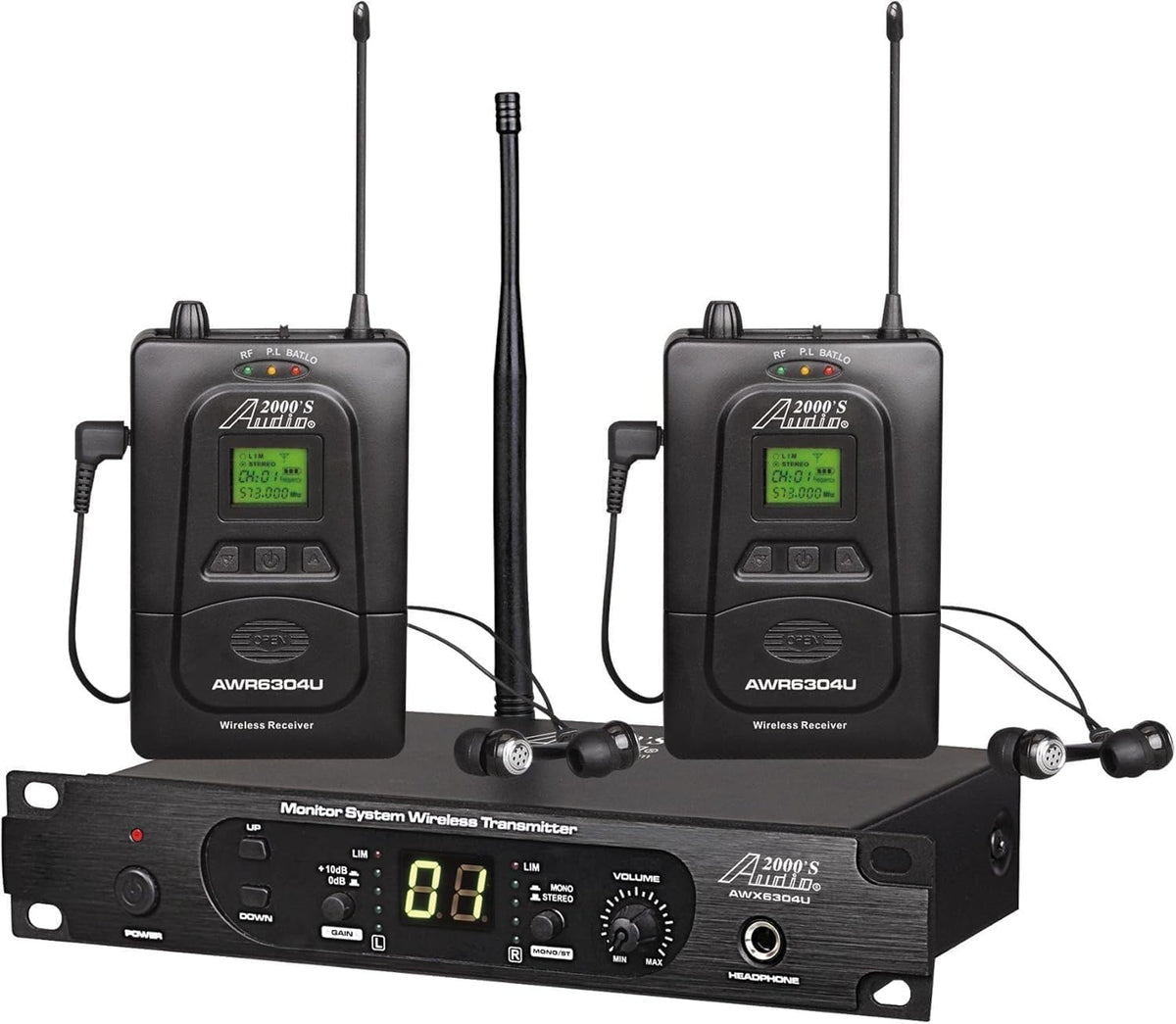 Audio2000'S AWM6306U UHF 100 Selectable Frequency Wireless in-Ear Monitor System with Four Wireless Receivers, One Wireless Transmitter, and One PVC Carrying Case