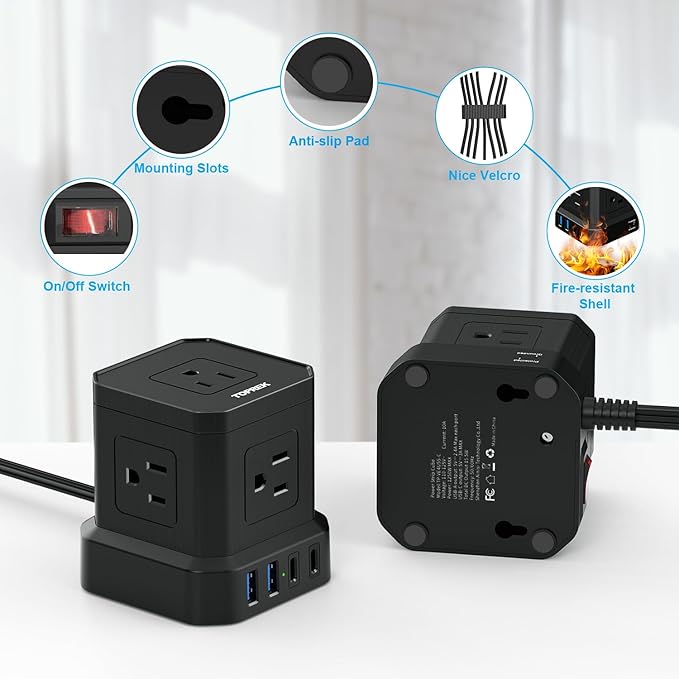 TOPREK Power Strip Surge Protector (700J), 10 FT Flat Extension Cord with 5 Outlets, 2 USB-C & 2 USB-A, Power Strip with USB for Home, Office, Dorm, Hotel, Travel, Compact Desk Charging Station