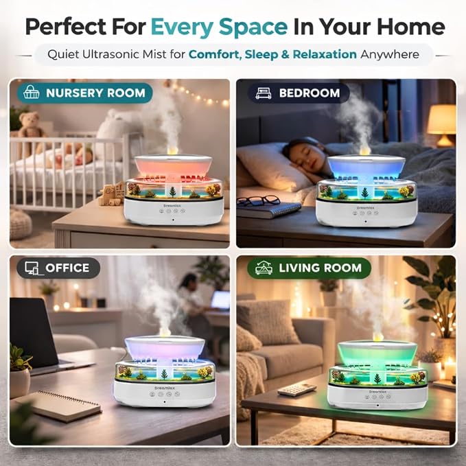 Dreamlax Rain Humidifiers for Bedroom – Cool Mist Essential Oil Diffuser, White Noise Machine with 10 Nature Sounds, 7 LED Lights, Remote Control & Decorative Raindrop Lamp