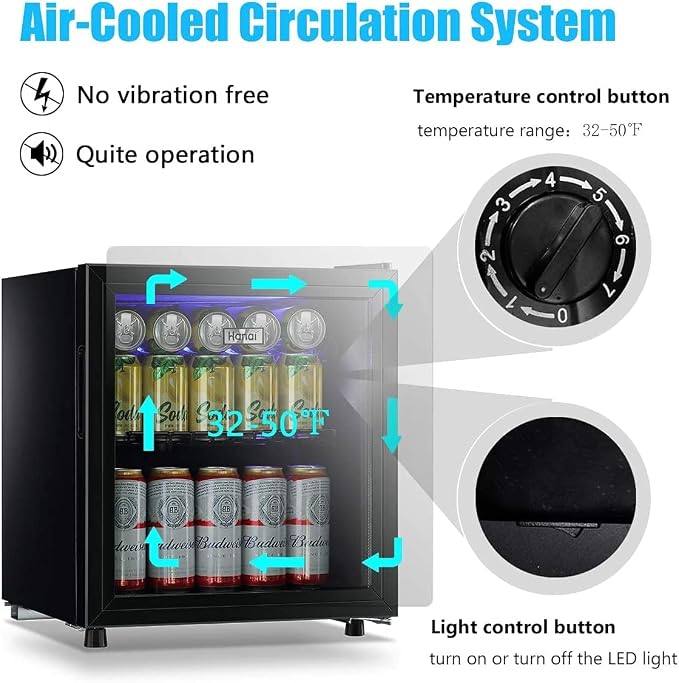 Mini Fridge Glass Door 60 Cans Beverage Cooler Refrigerator Mini Beer Fridge 1.6 cu.ft Organizer for Drinks Soda Wine Small Refrigerator with Blue LED for Home Office Dorm