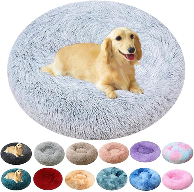 Large Calming Dog Bed, 47 Inch Anti-Anxiety Donut Dog Cuddler Cat Bed, Warming Cozy Soft Dogs Round Bed, Fluffy Faux Fur Machine Washable Pet Cushion for Medium Large Dogs & Cats (Grey White)