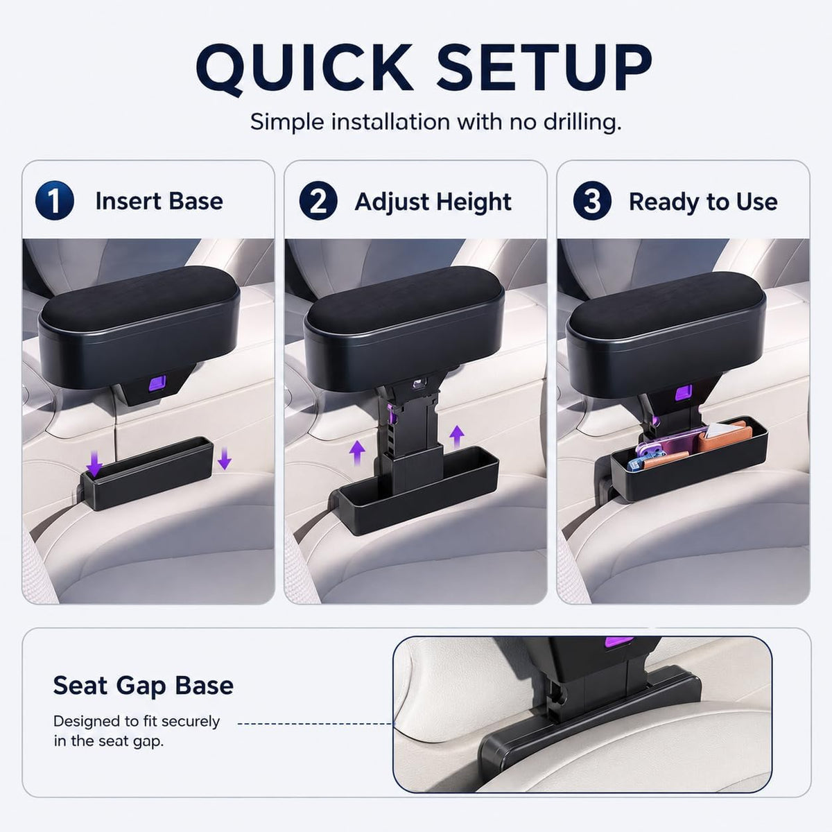 Car Armrest Storage Box, 4-Way Adjustable Seat Gap Filler Organizer