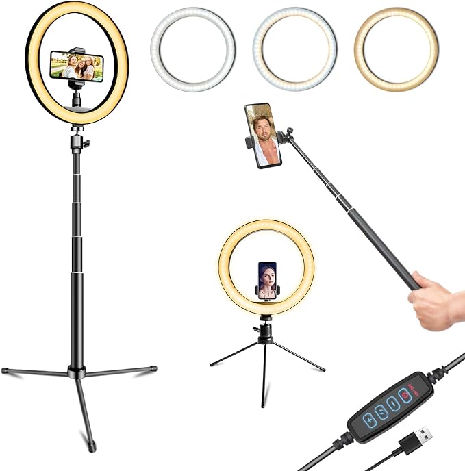 10" Selfie Ring Light with 10" Stand and 60" Selfie Stick, 3 Color Light