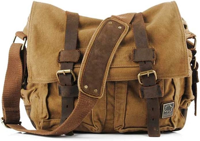 Sechunk Vintage Military Leather Canvas Laptop Bag Messenger Bags Medium