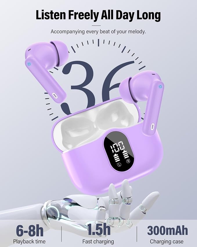 Wireless Earbuds, Bluetooth 5.4 Headphones Bass Stereo/Clear Calls, Purple | Ear Buds with Noise Cancelling Mic LED Display in Ear Earphones IP7 Waterproof 36H Bluetooth Earbuds for Phones/Sport/Laptop