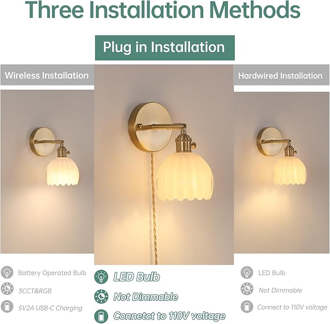 Plug in Wall Sconce, White Tulip Glass Lampshade Wall Light Plugin Corded for Bedside Bedroom Doorway, 2 Pack