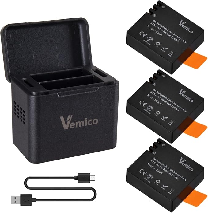Vemico Action Camera Battery Charger 3-Pack 1350mAh PG1050 Battery LED