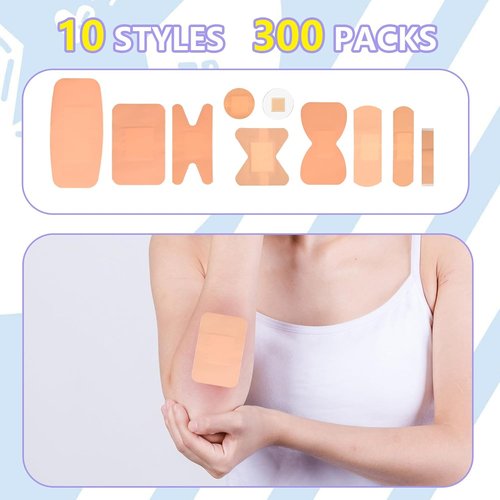Assorted Bandages Variety Pack - 300 Flexible, Breathable Adhesive Bandages for First Aid | Waterproof & Large Sizes