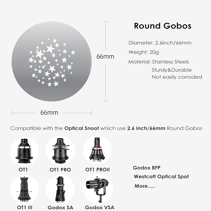 16Pcs Round Gobos Kit for Optical Snoot, 66mm/2.6in Metal Plate Patterns for