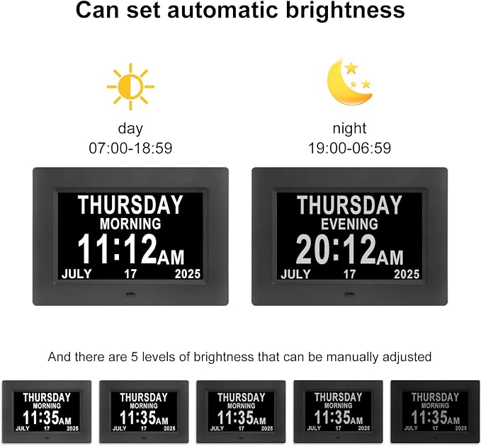 7-Inch Digital Alarm Clock. Displays Time, Day and Month.Features 12 Alarm