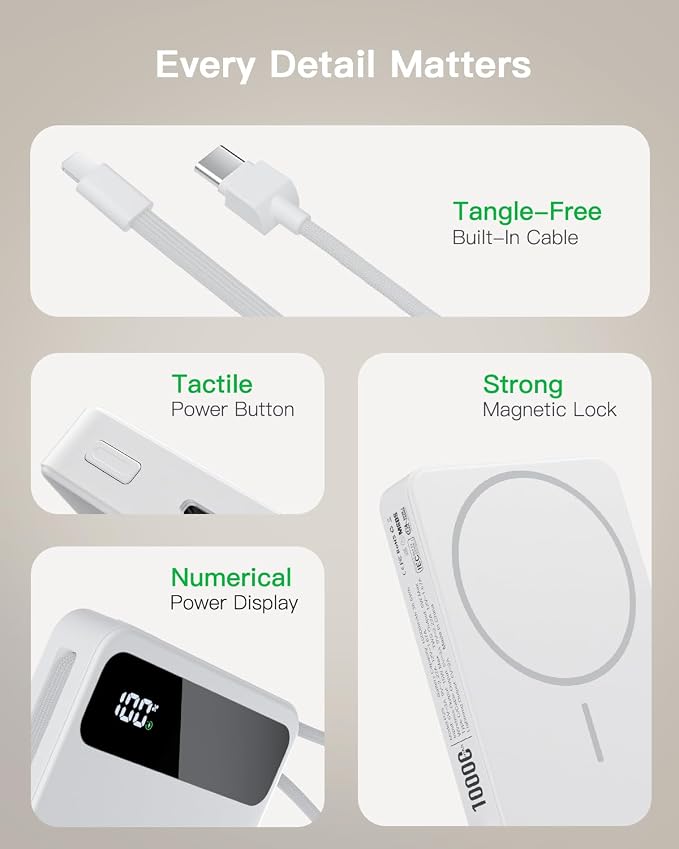 Magnetic Power Bank, 10,000mAh Wireless Portable Charger for Mag-Safe 15W Fast Charging, Battery Pack with USB-C Cable 20W In/Out for iPhone 17e/Air/17/16/15/14/13/12/Plus/Pro/Pro Max, AirPods & More