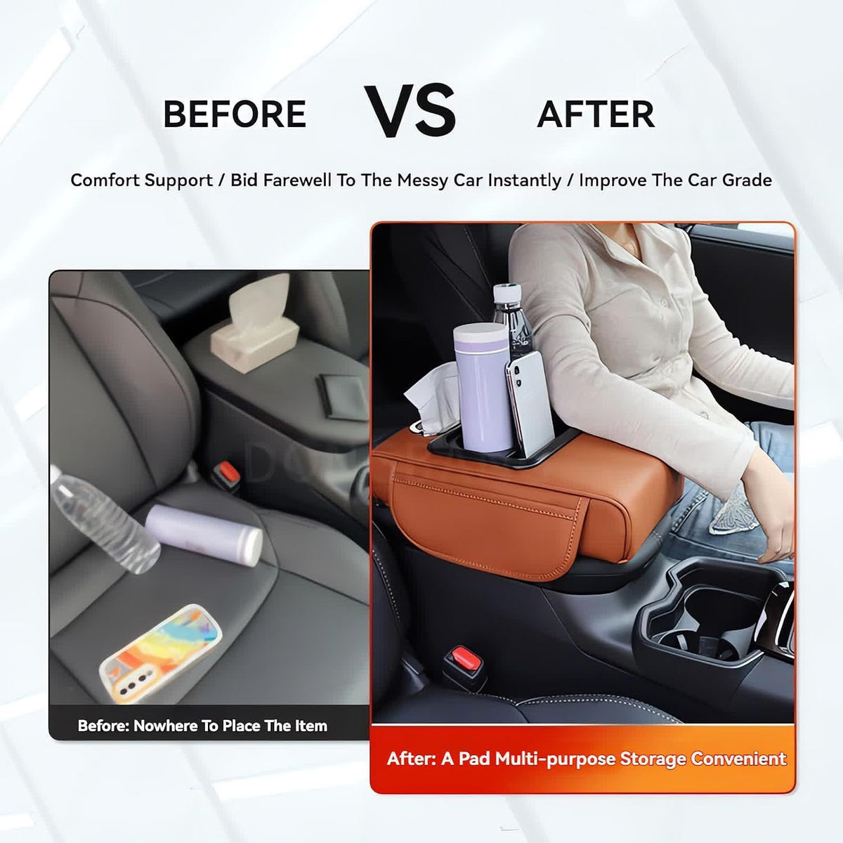Multifunctional PU Leather Car Armrest Box Mat, 5-in-1 Multifunctional Car Armrest Cushion, Center Console Cover with 2 Cup Holder, For Storing Tissues,Phones,Wallets,Drinks,for Most Cars (Red)