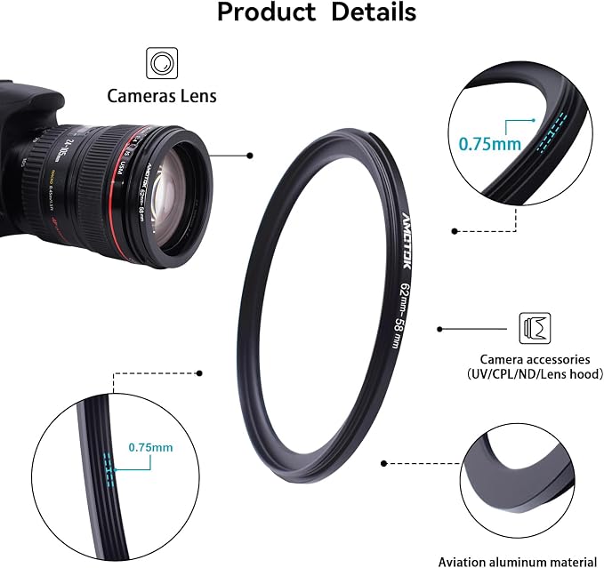 62mm Lens to 58mm Camera Lens Adapter, 62mm to 58mm Filter Step up Ring Adapter