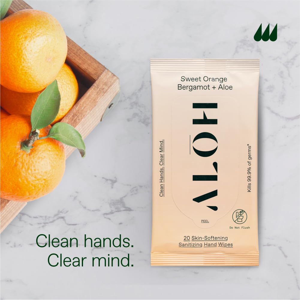 ALŌH Sweet Orange Bergamot + Aloe Sanitizing Hand Wipes - Clean Hands, Clear Mind - On The Go Hand Sanitizing Wipes for Kids and Adults - Travel Size 3 Pack 20ct Wipes (60 wipes)