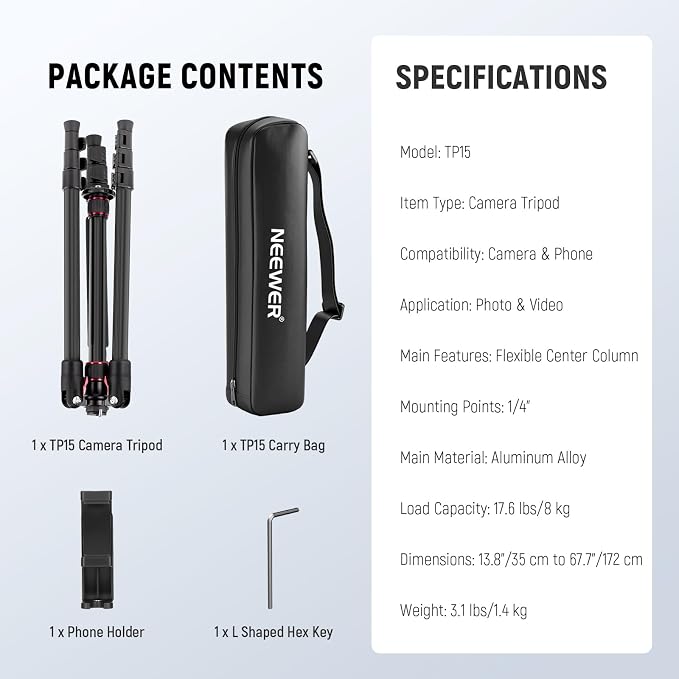 NEEWER Basics TP15 Camera Tripod Monopod, Ball Head Not Included