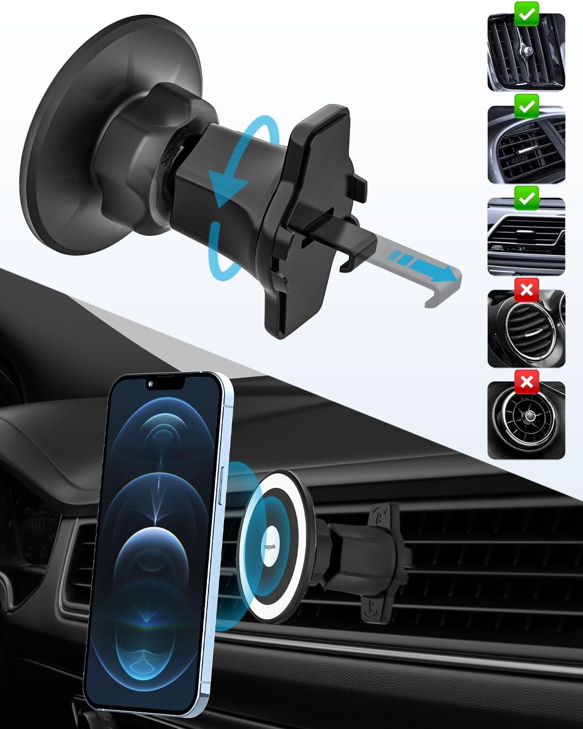 for Magsafe Car Mount Cup Holder - [Bottle Friendly] 2-Pack Magnetic Phone Holder for Car Cup Vent with Height Adjustable Arm, for iPhone Air 17 Pro Max 16 15 14 13 12 11, S25, 4.7 to 7" Smartphones