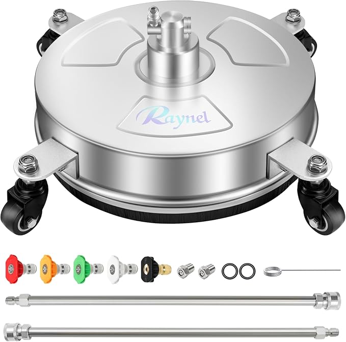 RAYNEL 14'' Pressure Washer Surface Cleaner with 4 Wheels, Stainless Steel Housing, 1/4" Quick Plug, 2 Extended Wands, 2 Replacement Nozzles
